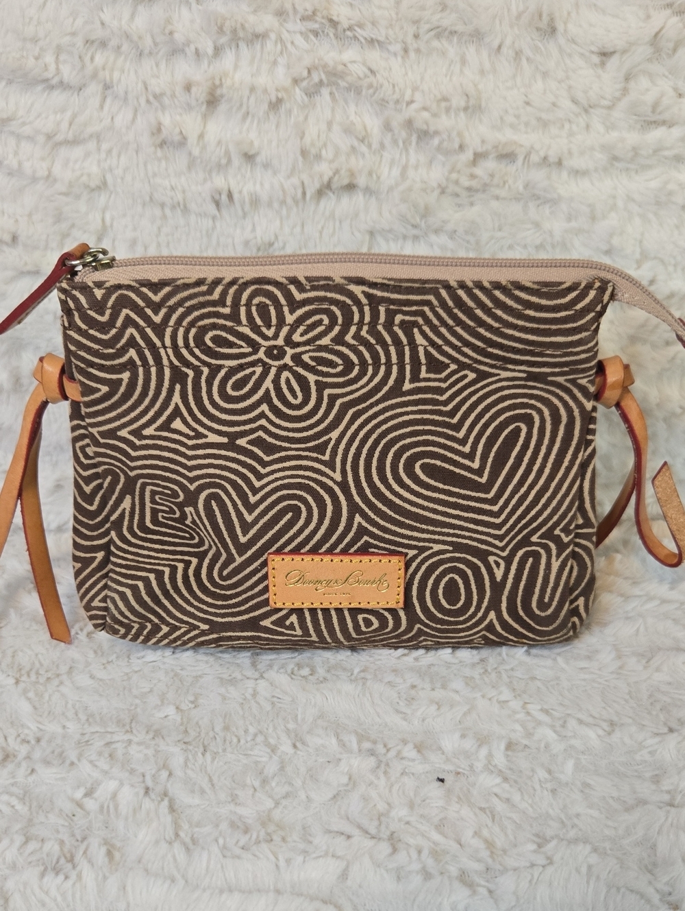 Dooney & Bourke Brown Patterned Canvas Clutch with Tan Trim